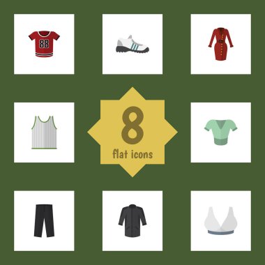 Düz giyim giysi, Brasserie, spor ayakkabıları ve diğer vektör nesnelerini ayarlayın. Ayrıca bluz, lastikbotlar, spor ayakkabı öğeleri içerir.