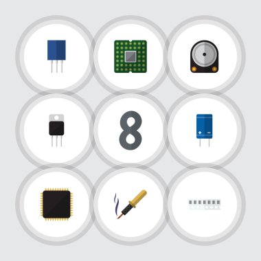 Düz cihaz tamir, transistör, Hdd ve diğer vektör nesneleri kümesi. Ayrıca birim, priz, Cpu öğeleri içerir.