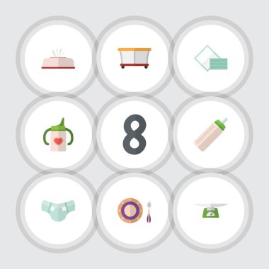 Düz çocuk şişe, oyun alanı, çocuk ölçekler ve diğer vektör nesnelerini Hemşirelik ayarlayın. Ayrıca bulaşık, çocuk parkı, havlu unsurları içerir.