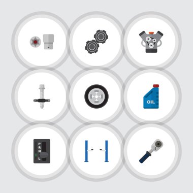 Düz otomatik kilit, kemer, Motor ve diğer vektör nesneleri kümesi. Ayrıca bidon, tekerlek, kilit unsurları içerir.