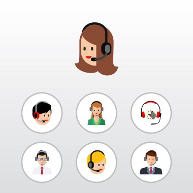 Düz Telefonla satış yardım, yardım hattı, kulaklık ve diğer vektör nesneleri kümesi. Ayrıca Merkezi, kulaklık, kulaklık öğeleri içerir.