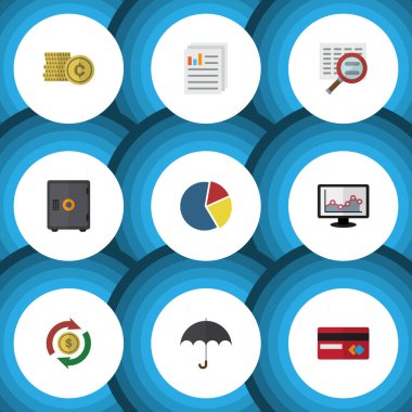 Düz Maliye para, grafik, kasa ve diğer vektör nesneleri kümesi. Şemsiye, belge, kredi öğeleri de içerir.