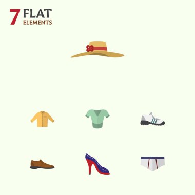 Düz giysi topuklu ayakkabı, çamaşır grupları, şık şapkalar ve diğer vektör nesneleri kümesi. Aynı zamanda kadın iç çamaşırı, külot unsurları içerir.