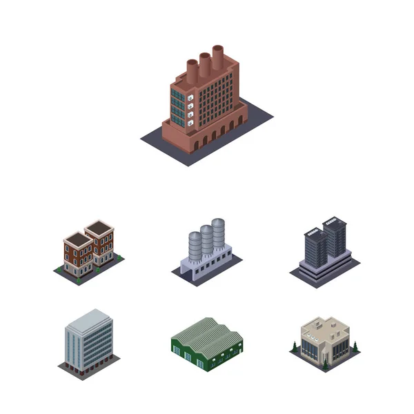 İzometrik inşaat kule, ev, ofis ve diğer vektör nesnelerini ayarlayın. Ayrıca depo, gökdelen, kule unsurları içerir.