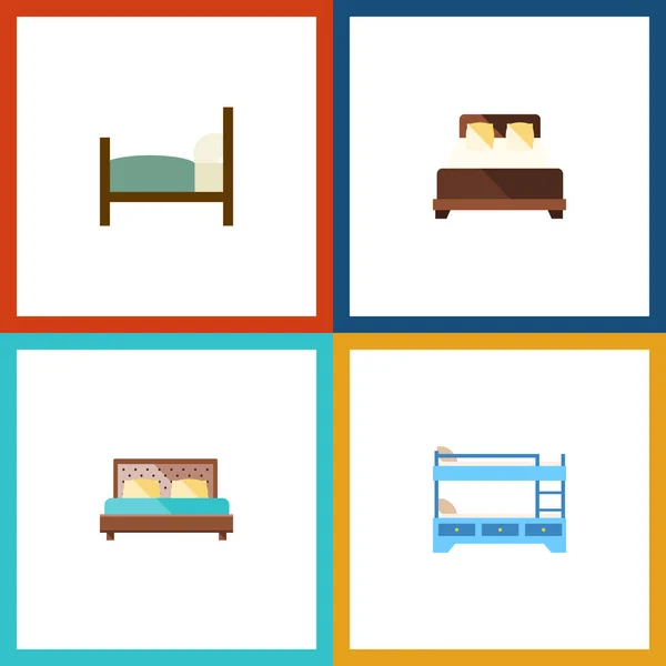 Plat slaapkamer Set Hostel, Bed, matras en andere vectorobjecten. Ook Bed, matras, slaapkamer elementen. — Stockvector