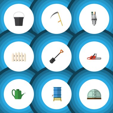 Düz çiftlik demir testeresi, kesici, kova ve diğer vektör nesneleri kümesi. Ayrıca kürek, sera, testere unsurları içerir.