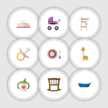 Çocuk koltuğu, oyuncak, küvet ve diğer vektör nesnelerini düz bebeğim kümesi. Ayrıca küvet, peçete, yatak unsurları içerir.