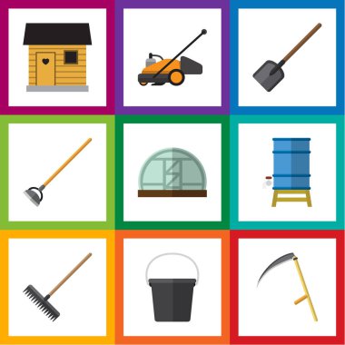 Düz kulübemde sera, kova, kürek ve diğer vektör nesneleri kümesi. Ayrıca araç, kova, komisyon unsurları içerir.