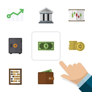 Düz Maliye para, kasa, banka ve diğer vektör nesneleri kümesi. Ayrıca Abacus, rapor, m-cüzdan öğeleri içerir.