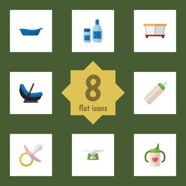 Düz bebek küvet, krem losyon, Bahçesi ve diğer vektör nesneleri kümesi. Ayrıca çocuk parkı, emzikler, losyon öğeleri içerir.