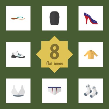 Düz elbise şık giyim, çamaşır grupları, topuklu ayakkabı ve diğer vektör nesneleri kümesi. Ayrıca Flip, içerir spor, adam öğeleri.