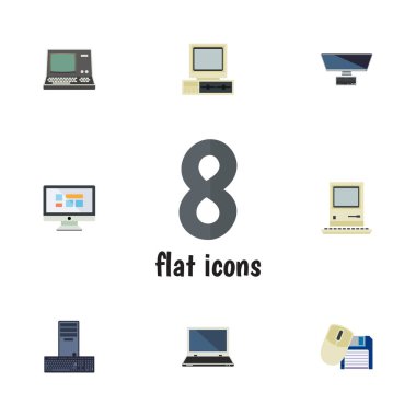 Düz defter seti işlemci, Pc, bilgisayar ve diğer vektör nesneleri. Ayrıca monitör, ekran, kişisel öğeler içerir.