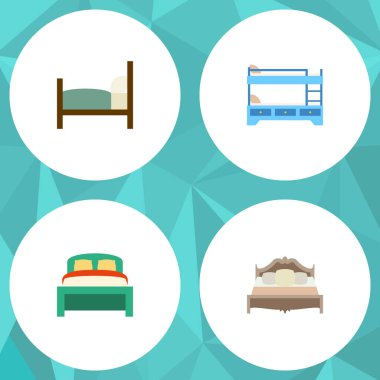 Düz yatak ranza, mobilya, yatak ve diğer vektör nesneleri kümesi. Ayrıca mobilya, yatak, yatak odası öğeleri içerir.