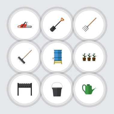 Düz kulübemde Harrow, Barbekü, konteyner ve diğer vektör nesneleri kümesi. Ayrıca sulama, çatal, Harrow öğeleri içerir.