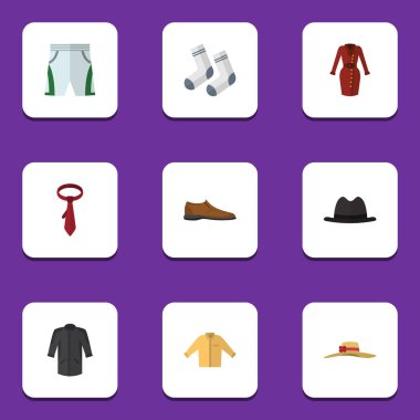 Düz giysi ayak Tekstil, erkek Footware, şık şapkalar ve diğer vektör nesneleri kümesi. Ayrıca elbise, Fedora, ayak unsurları içerir.