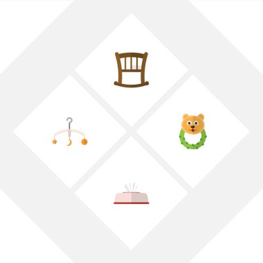 Düz çocuk bebek karyolası, Rattle, mobil ve diğer vektör nesneleri kümesi. Ayrıca karyolası, Bebek, doku öğeleri içerir.