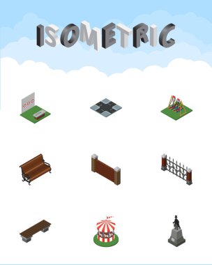Heykel, kavşak, çit ve diğer vektör nesneleri izometrik kentsel kümesi. Ayrıca heykel, kavşak, tahterevalli öğeleri içerir.