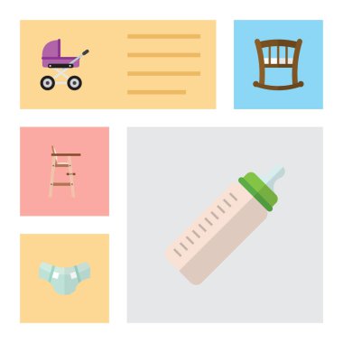 Düz alt çocuk koltuğu, bebek arabası, Bebek karyolası ve diğer vektör nesnelerini ayarlayın. Ayrıca bebek, bebek arabası, karyolası öğeleri içerir.