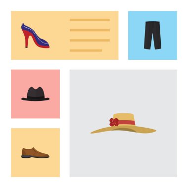 Düz elbise, topuklu ayakkabı, pantolon, erkek Footware ve diğer vektör nesnelerini ayarlayın. Ayrıca Fedora, şapka, Footware öğeler içerir.