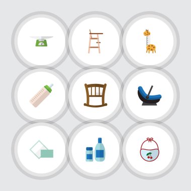 Düz çocuk çocuk koltuğu, besleyici, oyuncak ve diğer vektör nesneleri kümesi. Ayrıca, çocuk, tartma krem unsurları içerir.