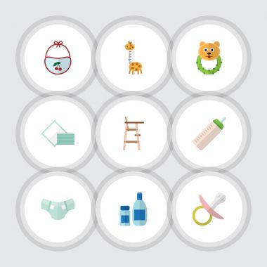 Düz çocuk krem losyon, oyuncak, Rattle ve diğer vektör nesneleri kümesi. Aynı zamanda şişe, Bebek bezi, emzik öğeleri içerir.