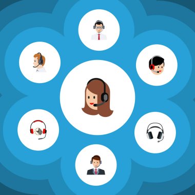 Düz Telefonla satış operatörü, kulaklık, telefonla satış ve diğer vektör nesnelerini ayarlayın. Ayrıca destek, Merkezi, hattı öğeleri içerir.