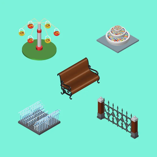 Isometric Architecture Set Of Fountain, Swing Attraction, Fence And Other Vector Objects. Also Includes Plants, Swing, Rotation Elements.