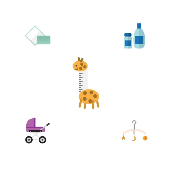 Plat Baby Set room met Lotion, wandelwagen, mobiele en andere vectorobjecten. Ook omvat crème, wieg, weefsel elementen. — Stockvector