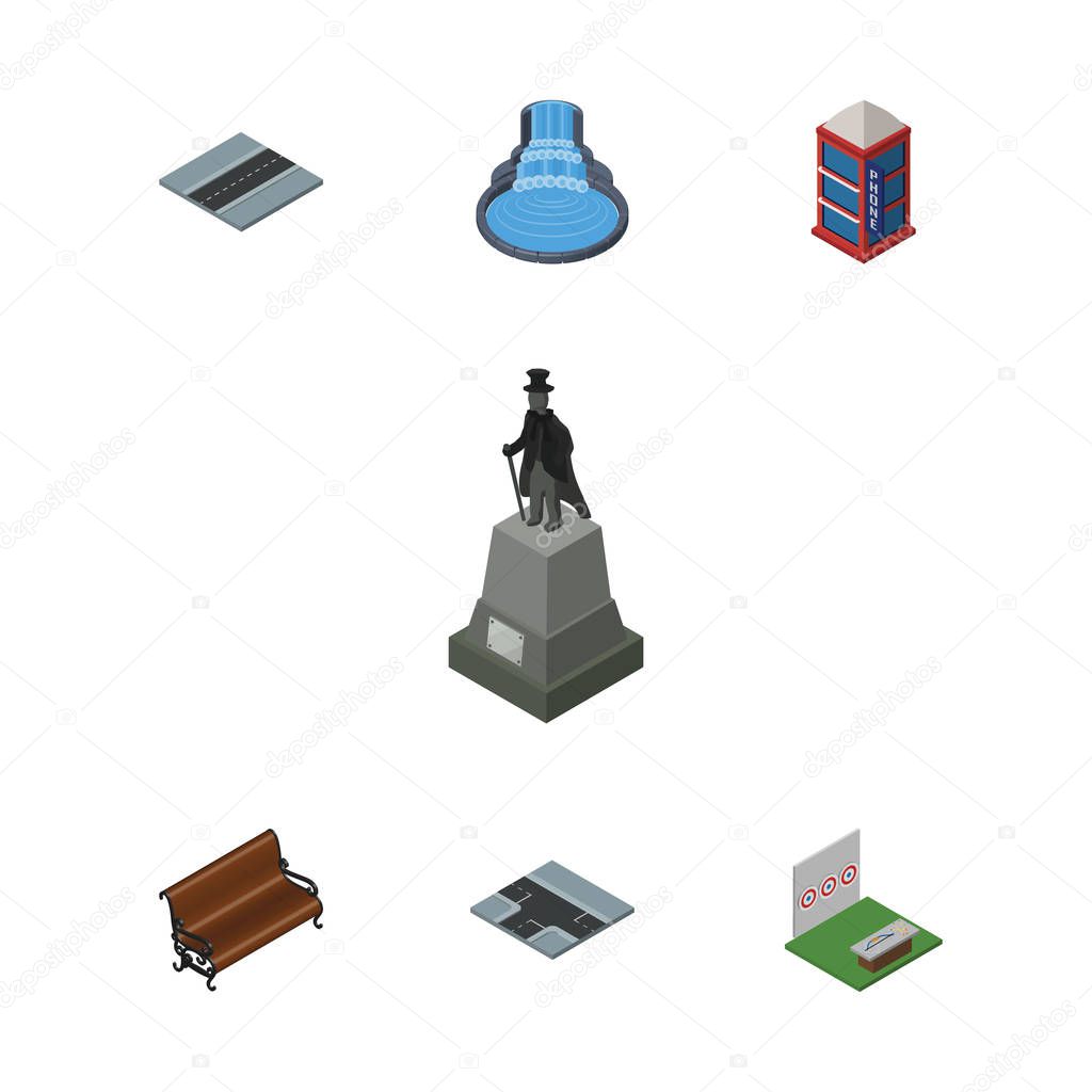 Isometric Street Set Of Path, Sculpture, Sitting And Other Vector Objects. Also Includes Statue, Game, Waterfall Elements.