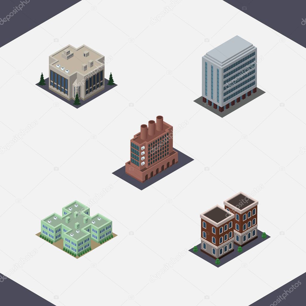 Isometric Building Set Of Company, Industry, House And Other Vector Objects. Also Includes Firm, Office, House Elements.