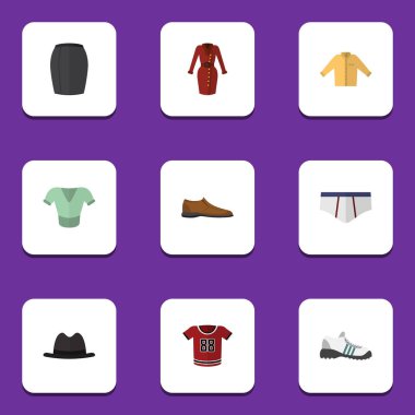 Düz giyim çamaşır grupları, elbise, tişört ve diğer vektör nesneleri ayarlayın. Ayrıca giyim ve ayakkabı, adam unsurları içerir.