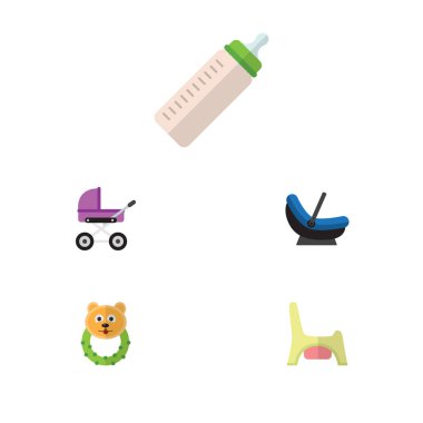 Düz çocuk bebek arabası, Rattle, besleyici ve diğer vektör nesneleri kümesi. Ayrıca çocuk arabası, ayı, beşik unsurları içerir.