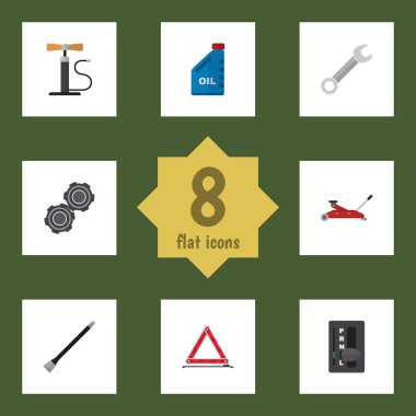 Düz hizmet uyarı, somun anahtarı, otomatik şanzıman ve diğer vektör nesneleri kümesi. Ayrıca Jack, Araba, anahtar öğeleri içerir.