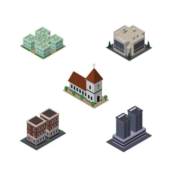 Isometrisches urbanes Set aus Unternehmen, Klinik, Turm und anderen Vektorobjekten. umfasst auch Gebäude, Unternehmen, Büroelemente. — Stockvektor
