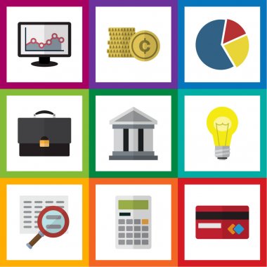 Düz Maliye Portföy, grafik, banka ve diğer vektör nesneleri kümesi. Ayrıca arama, ışık, unsurları içerir.
