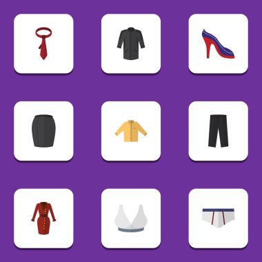 Düz elbise topuklu ayakkabı, üniforma, çamaşır grupları ve diğer vektör nesneleri kümesi. Hazır giyim, gömlek, giyim öğeleri de içerir.