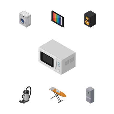 İzometrik cihaz Vac, mikrodalga fırın, Çamaşırhane ve diğer vektör nesneleri kümesi. Ayrıca Çamaşırhane, vakum, mutfak öğeleri içerir.