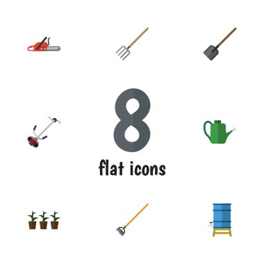 Düz Bahçe aracı, demir testeresi, kürek ve diğer vektör nesneleri kümesi. Çatal, testere, biçme makinesi öğeleri de içerir.