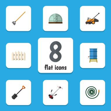 Düz çiftlik Hosepipe, çim biçme makinesi, konteyner ve diğer vektör nesneleri kümesi. Ayrıca Bahçe, kürek, çapa unsurları içerir.