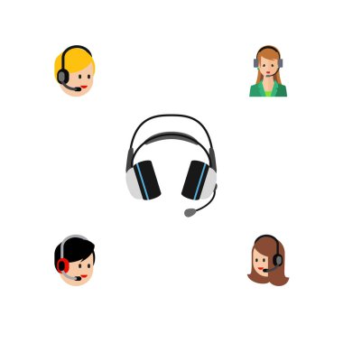 Düz hattı Çağrı Merkezi, kulaklık, operatör ve diğer vektör nesneleri kümesi. Ayrıca çağrı, operatör, yardım unsurları içerir.