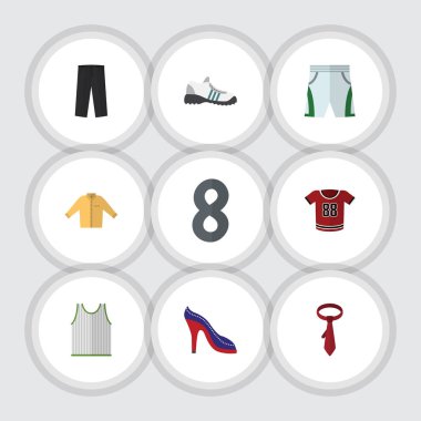 Düz elbise, topuklu ayakkabı, spor ayakkabı, şort kumaş ve diğer vektör nesnelerini ayarlayın. Ayrıca ayakkabı, kravat, bez öğeleri içerir.