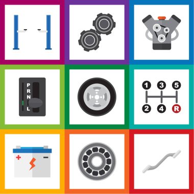 Düz otomatik otomatik şanzıman, Motor, otomatik Jack ve diğer vektör nesneleri kümesi. Ayrıca pil, kasnak, Jack unsurları içerir.