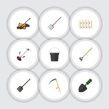 Düz kulübemde Set kova, çim-kesici, kesici ve diğer vektör nesneleri. Aynı zamanda çim, konteyner, bariyer öğeleri içerir.