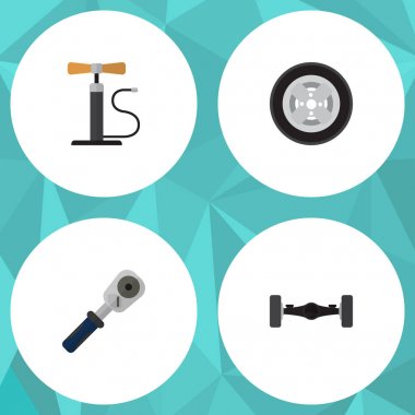 Düz Oto lastik, Ratchet, çarkı pompa ve diğer vektör nesneleri kümesi. Ayrıca araba, jant, lastik öğeleri içerir.