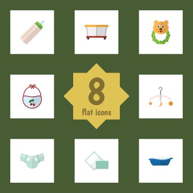 Düz bebek çıngırak, Bebek bezi, besleyici ve diğer vektör nesneleri kümesi. Ayrıca doku, küvet, peçete öğeleri içerir.