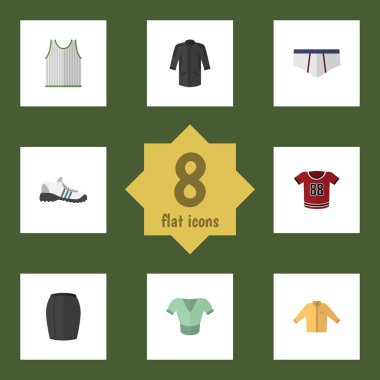 Düz giyim çamaşır grupları, üniforma, şık giyim ve diğer vektör nesneleri kümesi. Ayrıca lastikbotlar, Banyan, giyim öğeleri içerir.