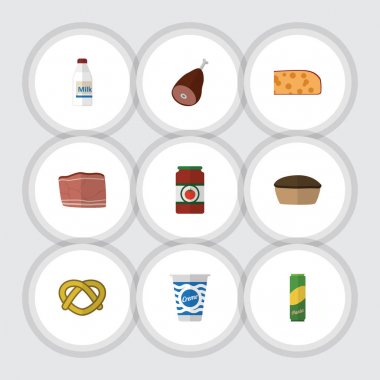 Düz mutfak et, sığır eti, kurabiye ve diğer vektör nesneleri kümesi. Ayrıca jambon, süt, Kahvaltı öğeleri içerir.