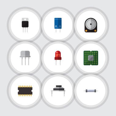 Düz elektronik Hdd, transistör, hedef ve diğer vektör nesneleri kümesi. Ayrıca alıcı, işlemci, Resist unsurları içerir.