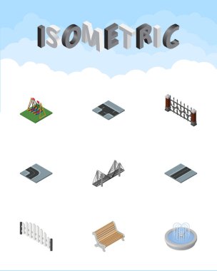 İzometrik Şehir Köprüsü, koltuk, yol ve diğer vektör nesneleri kümesi. Ayrıca çit, ahşap, koltuk öğeleri içerir.