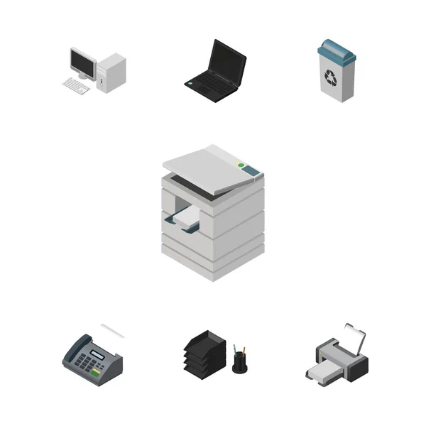 Изометрический набор контейнеров для мусора, офисный телефон, стойка для настольных файлов и другие векторные объекты. Также включает телефон, компьютер, ноутбук Элементы . — стоковый вектор